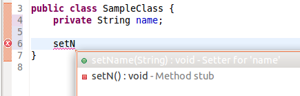 The picture shows the popup dialog that suggests the creation of a setter for setN.
